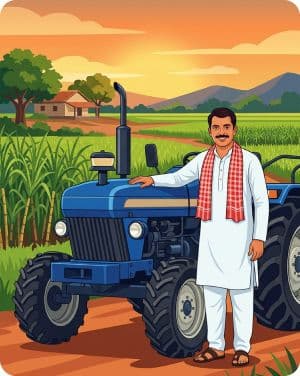 A rural entrepreneur standing beside his tractor at sunrise