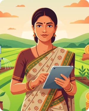 A woman point-of-sale person onboarding farmers on a tablet in the field